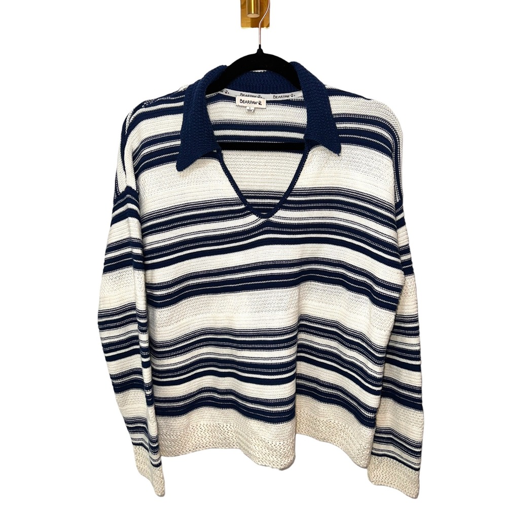 Preppy Nautical Striped Knit Sweater Coastal Grandma Navy Blue‎ White Large